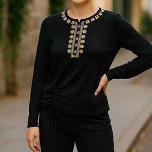 Eiger Weger XL Sweater Top Black Gold Sparkle Sequins Long Sleeves Cotton Knit